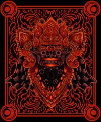 Barong head glowing red color with geometric background(balinese culture icon)