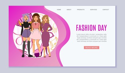 Cool girls fashion vector web template. Young girls in fashion cloths, hats, shoes, ladies bag in cartoon style. Trendy fashionable collection online shop webspage.