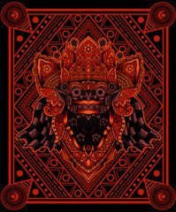 Barong head glowing red color with geometric background(balinese culture icon)