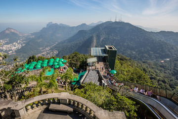 View from the entrance to the Christ the Redeemer (Cristo Redentor) viewing platform at Alto da Boa Vista with mountains and the city of Rio in the background in Brazil, South America