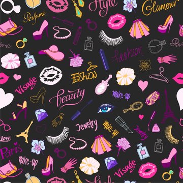 Fashion Seamless Vector Pattern On Black Background. Illustration Of Lipsticks, Brushes, Mirror, Ladies Shoes And Jewelry. Makeup And Parfume Fashionable Items. Morden Fashion Backdrop.