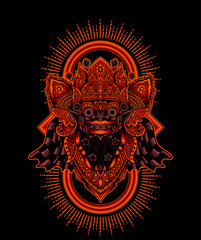 Barong head glowing red color with geometric background(balinese culture icon)