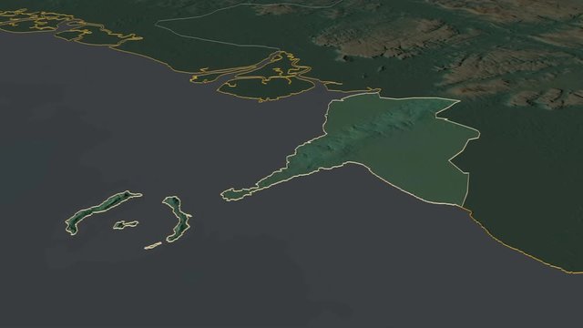 Conakry, region with its capital, zoomed and extruded on the relief map of Guinea in the conformal Stereographic projection. Animation 3D