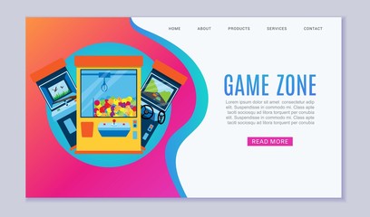 Game zone vector web template illustration. Arcade gambling games, hunting, fishing, boxing and dancing where gamesome gambler or gamer play online in computer machinery website.