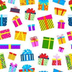 Colorful wrapped gift boxes for christmas and holidays presents with ribbons, ormaments and bows vector seamless pattern isolated on white. Lots of gifts and presents background.