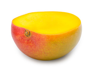 Ripe mango cut in half isolated on white with clipping path.