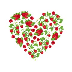 Raspberries berries and leaves heart shape banner isolated on white cartoon vector illustration. Banner with summer fresh sweet fruit raspberries.
