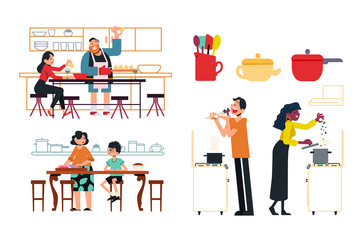 Collection of people cooking in the kitchen, kitchen utensils, salad