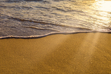 Soft wave from sea come to wet sand beach and sun ray background. With copy space for text or design. Beach background.