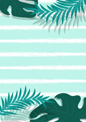 Fototapeta na wymiar Tropical plant Swiss cheese leaves and Palm leaves on white and light blue stripes pattern background. Summer concept. Vector illustration.