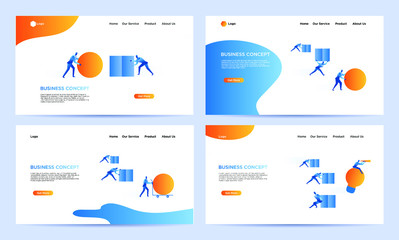 Set of landing page smart business work flat illustration. Businessman push ball and block