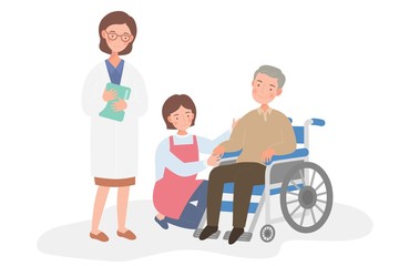 Fototapeta premium An old man in a wheelchair, female doctor and female caregiver, character isolated on white background.