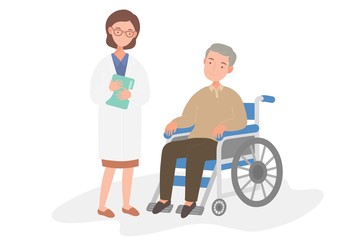 An old man in a wheelchair and female doctor, character isolated on white background.
