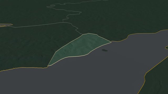 Bissau, region with its capital, zoomed and extruded on the relief map of Guinea Bissau in the conformal Stereographic projection. Animation 3D