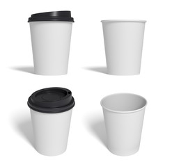 Coffee cup. Set of four closed cup. Takeout drinks, morning coffee. Isolated on a white. 3d rendering