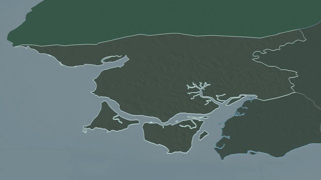Cacheu, region with its capital, zoomed and extruded on the administrative map of Guinea Bissau in the conformal Stereographic projection. Animation 3D