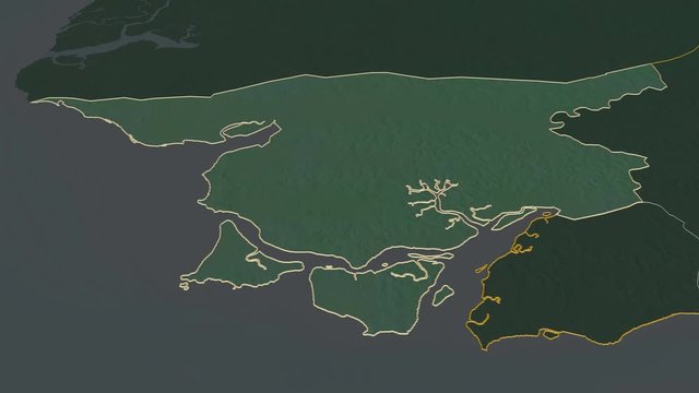Cacheu, region with its capital, zoomed and extruded on the relief map of Guinea Bissau in the conformal Stereographic projection. Animation 3D