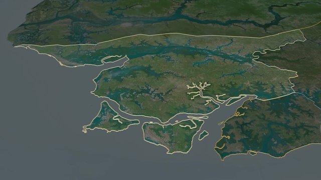 Cacheu, region with its capital, zoomed and extruded on the satellite map of Guinea Bissau in the conformal Stereographic projection. Animation 3D