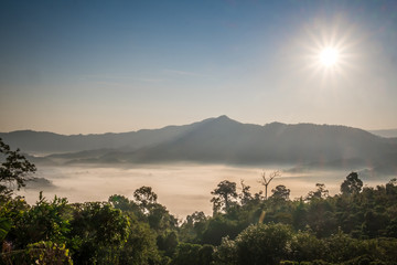Landscape of Morning Mist with Mountains at Phu Lanka viewpoint, Phayao province, Thailand.