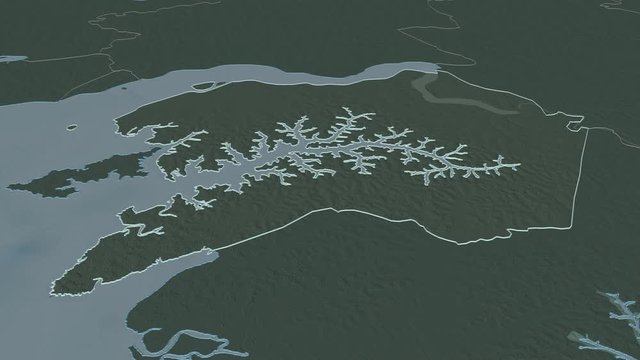 Quinara, region with its capital, zoomed and extruded on the administrative map of Guinea Bissau in the conformal Stereographic projection. Animation 3D