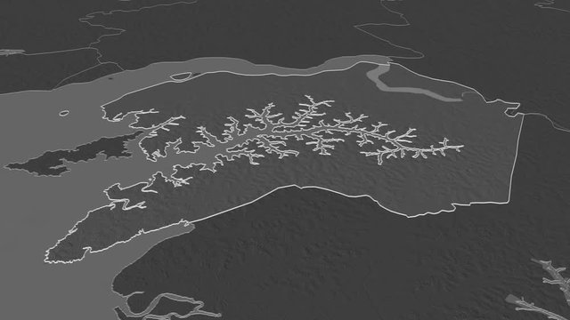 Quinara, region with its capital, zoomed and extruded on the bilevel map of Guinea Bissau in the conformal Stereographic projection. Animation 3D