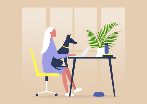 Pet friendly office, young female character working with a dog on their lap