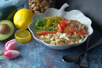 Close up of salad and vegetable on plate, keto diet concept 