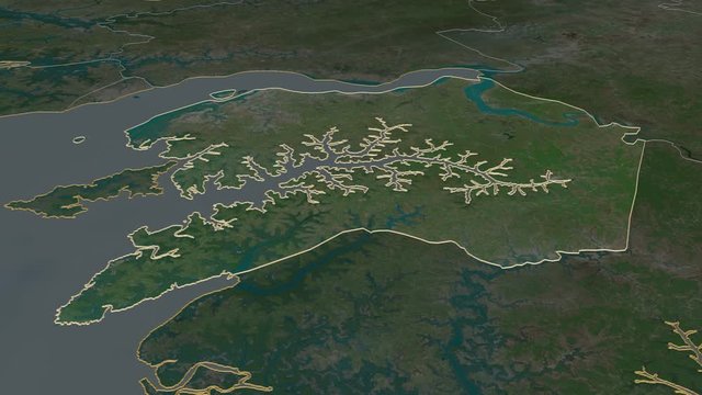 Quinara, region with its capital, zoomed and extruded on the satellite map of Guinea Bissau in the conformal Stereographic projection. Animation 3D