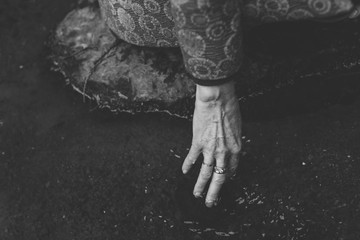 Woman's hand touching water.