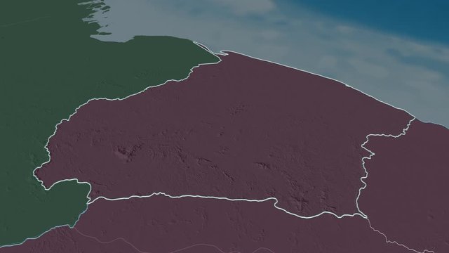 Barima-Waini, region with its capital, zoomed and extruded on the administrative map of Guyana in the conformal Stereographic projection. Animation 3D