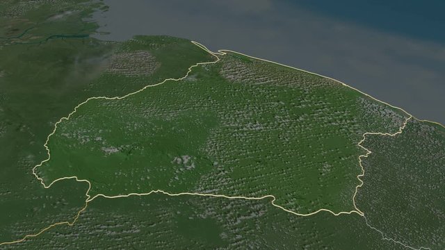 Barima-Waini, region with its capital, zoomed and extruded on the satellite map of Guyana in the conformal Stereographic projection. Animation 3D