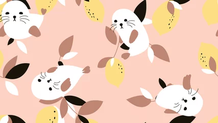 Türaufkleber Animal seamless pattern, cute seals with lemons in on light pink © momosama