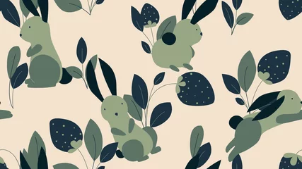 Afwasbaar fotobehang Animal seamless pattern, cute rabbits with strawberries and leaves in green tones on light brown © momosama