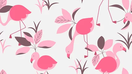 Fototapeten Animal seamless pattern, cute flamingos with leaves in pink tones on light grey © momosama