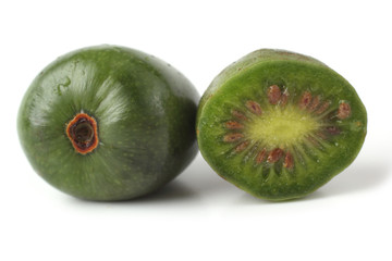 Little kiwi with a half (variegated-leaf hardy kiwi)
