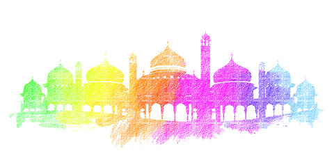 Abstract colorful Mosque for Eid Mubarak watercolor background