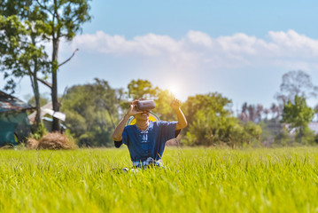 Agriculture technology farmer man using tablet computer analysis data and visual icon.