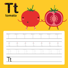 Alphabet tracing worksheet for preschool and kindergarten to improve basic writing skills, letter T, tomato, vector, illustration 
