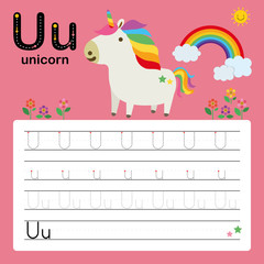 Alphabet tracing worksheet for preschool and kindergarten to improve basic writing skills, letter U, unicorn, vector, illustration 