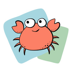 Vector illustration of cute cartoon crab. That is on blue and green square overlap on white background.