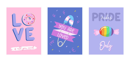 LGBTQ pride cards set. Beautiful and cute equality symbols and typography. Hand drawn vector illustration.