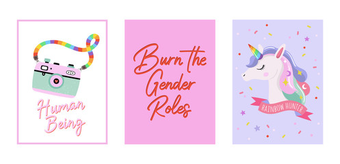 LGBTQ pride cards set. Beautiful and cute equality symbols and typography. Hand drawn vector illustration.