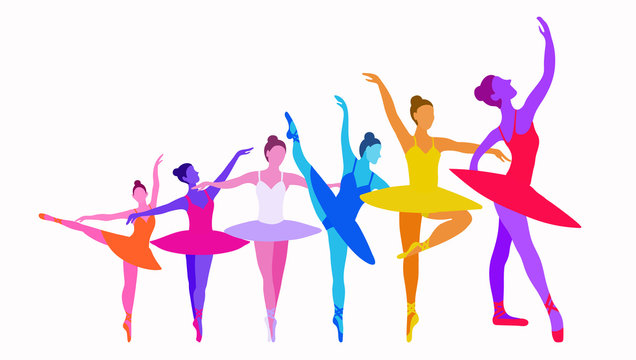 Dancer growth concept on a white background in bright colors. Vector illustration of six ballerinas grow up on a white background. A horizontal banner for a dance school to show success