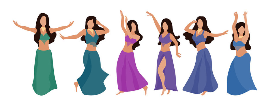 Group of belly dancers with a multicolor shawl on a white isolated background. Beautiful brunette women dance oriental dance. Vector set of six flat style dancers