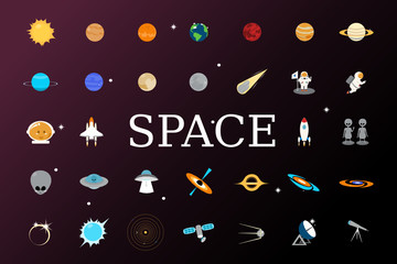 Vector illustration of space, universe. planets, comet, rockets.