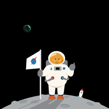 Astronaut stand on the moon with a flag, Vector illustration