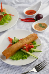 Egg roll or Fried Spring Rolls on the white plate Thai food. Selective focus.