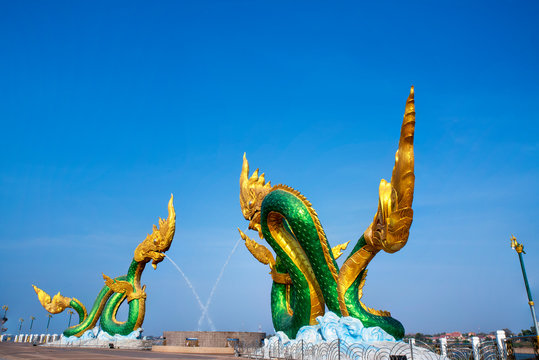 Naga statue at the mekong river in the town of Nong Khai Province Thailand
