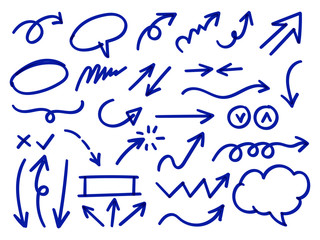 Arrows hand drawn doodle vector set. Sketch arrow design for application, banner, print screen, pen marks, map and typography design guide line.