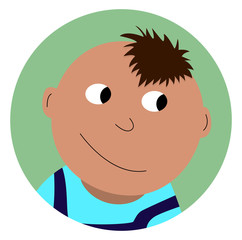 Cartoon character of a young farmer in blue overalls, turquoise sweater. Smiling boy with shining eyes.
